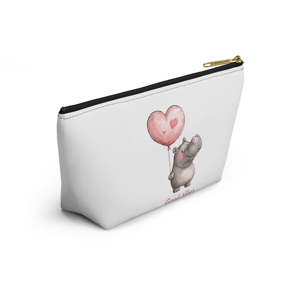 Good Vibes Hippo Accessory Pouch, Cute Makeup Bag, Gift for Animal Lovers, Fun Travel Organizer, Heart Balloon Design