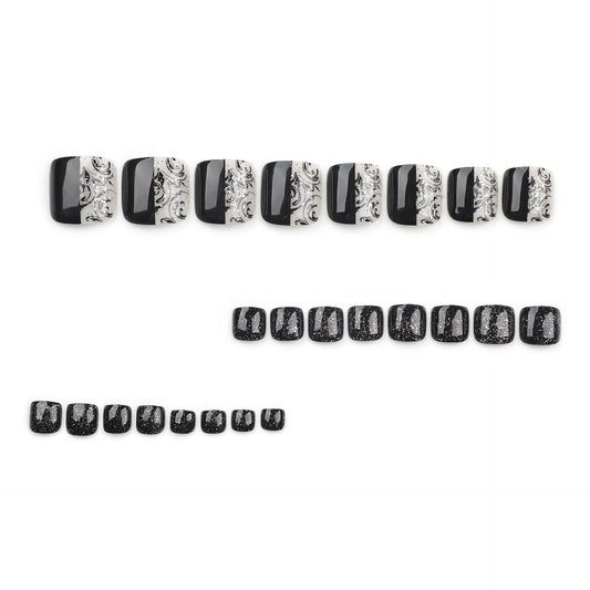 365nails: "Black Silver Glitter Square Toenails" – Split Design Press-on Toenails – Image 2
