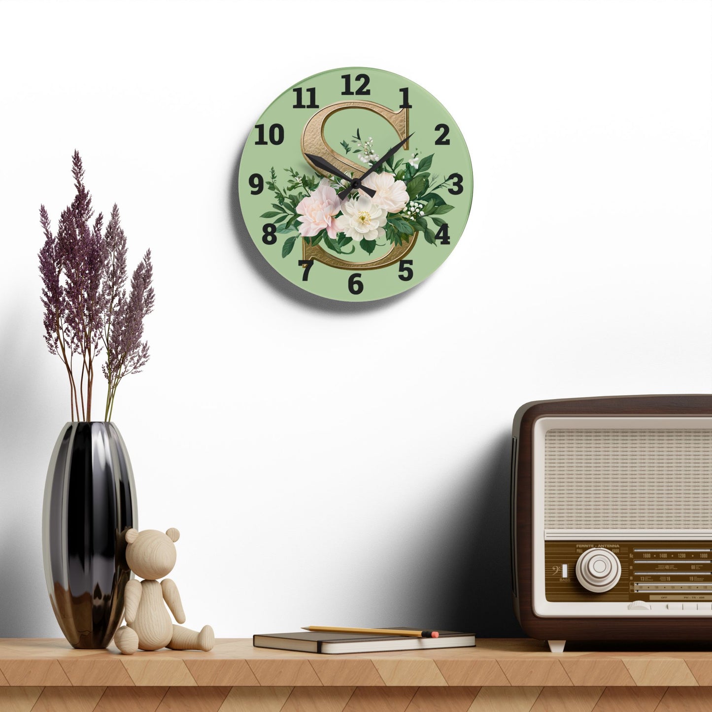 Floral Initial Acrylic Wall Clock, Elegant Home Décor - Letter S