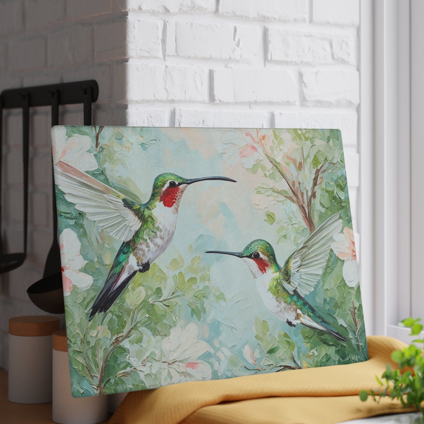 Hummingbird Glass Cutting Board – Floral Kitchen Art Serving Board