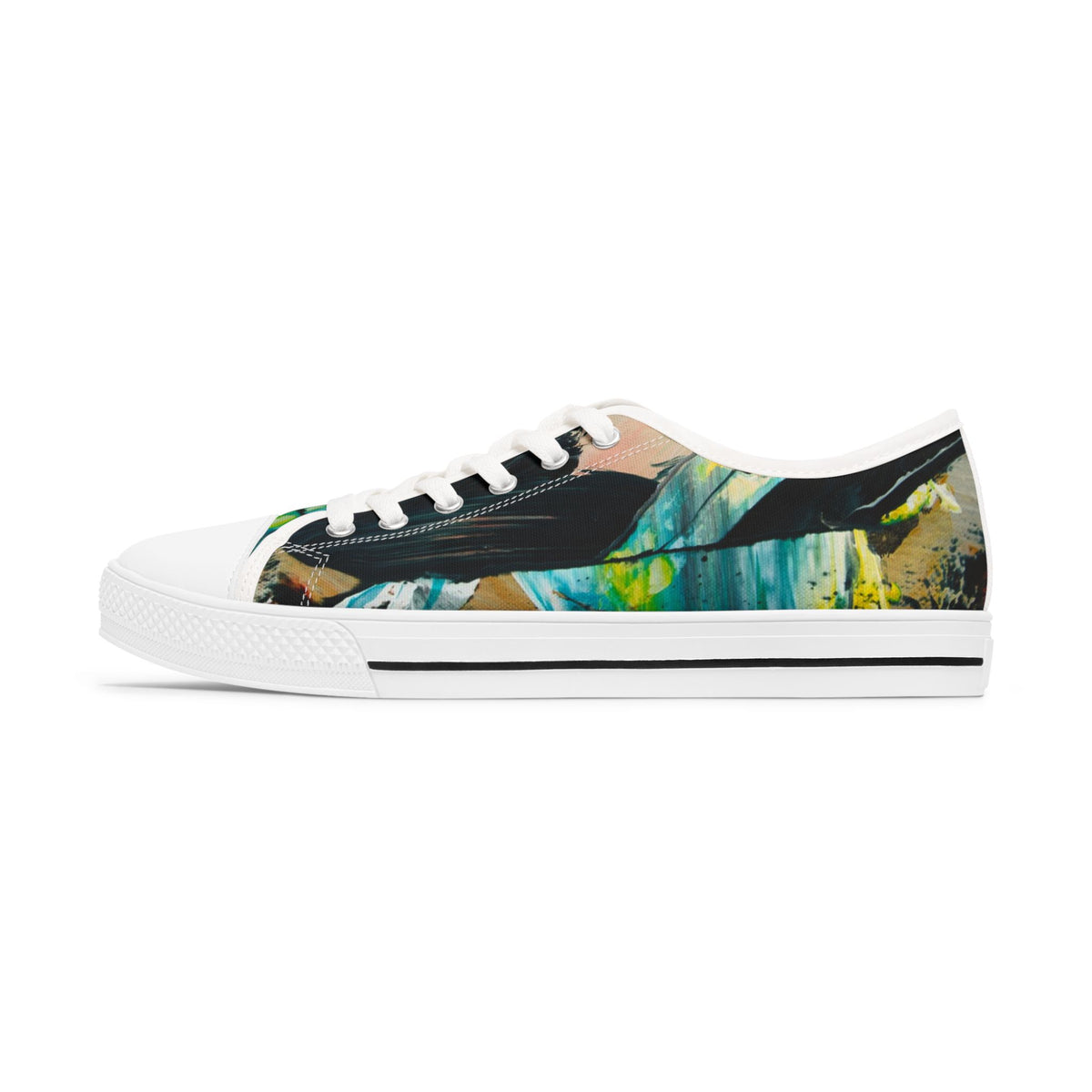 Low Top Sneakers — Abstract Teal & Yellow Brushstroke Canvas Shoes