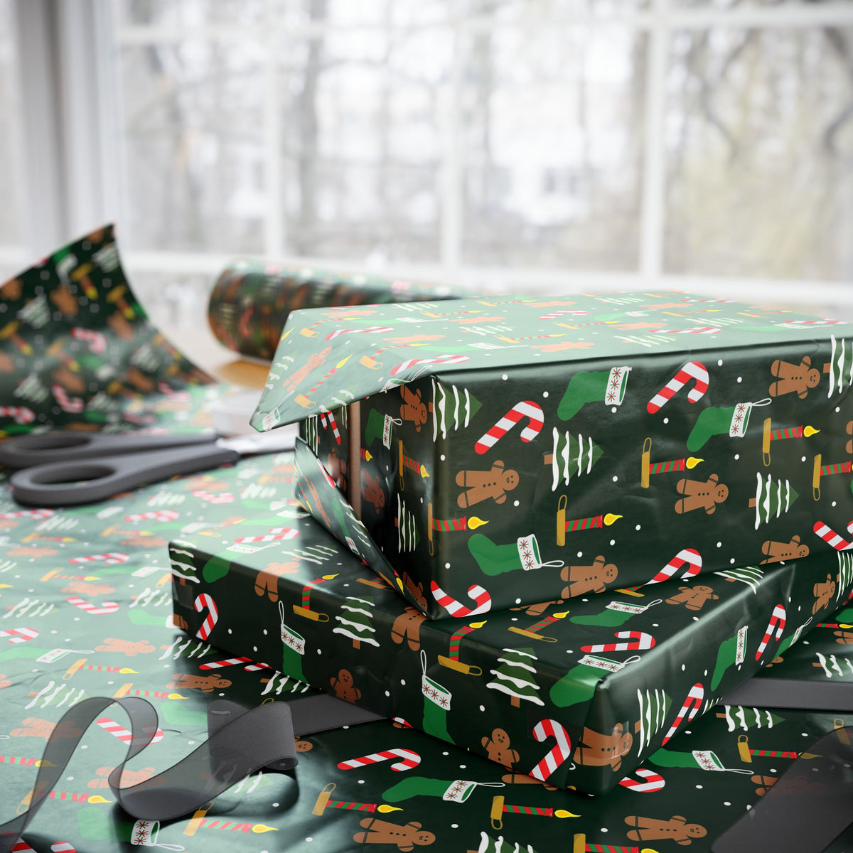 Christmas Wrapping Paper Roll — Gingerbread & Candy Cane Pattern on Dark Green