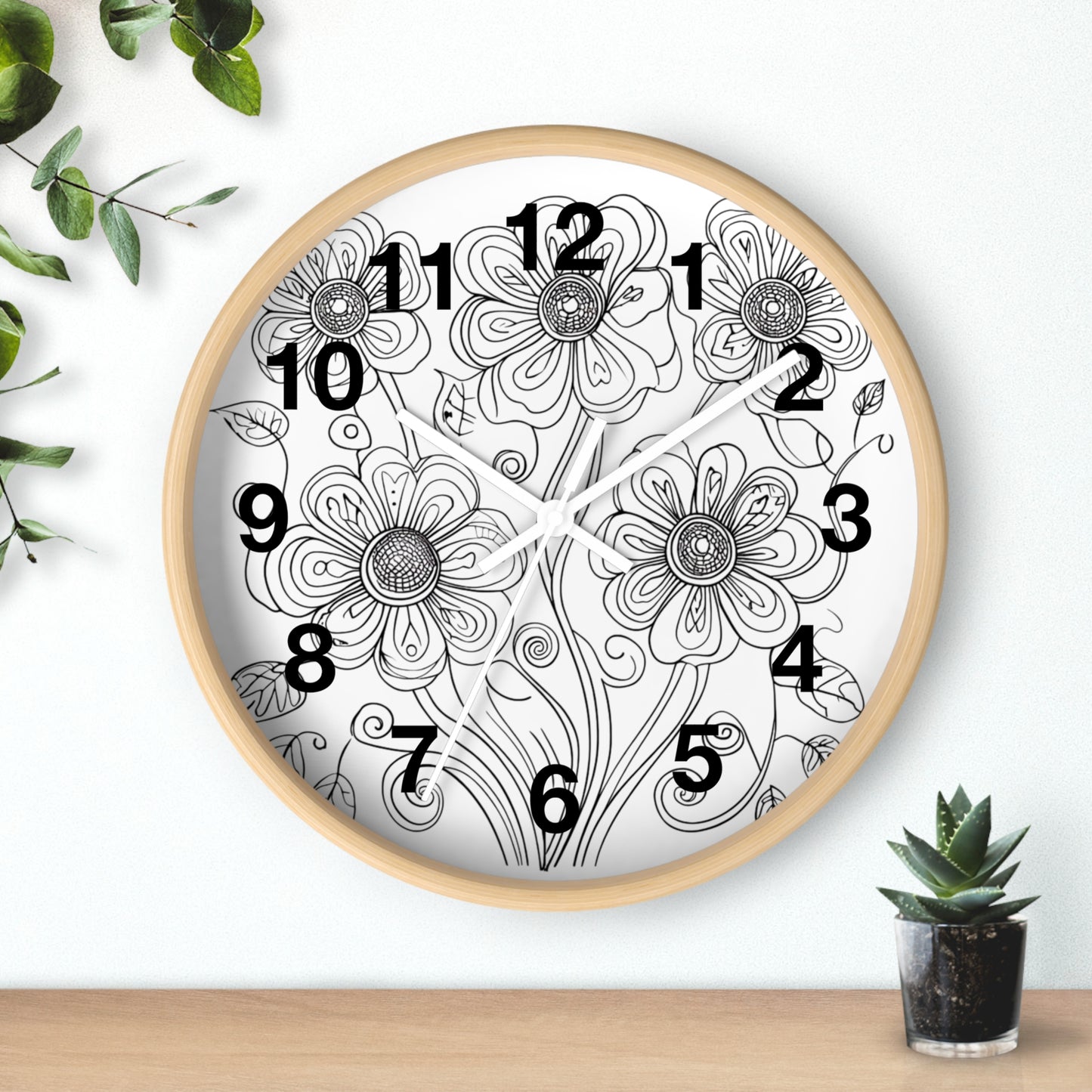 Floral Doodle Wall Clock — Black & White Hand-Drawn Flower Timepiece