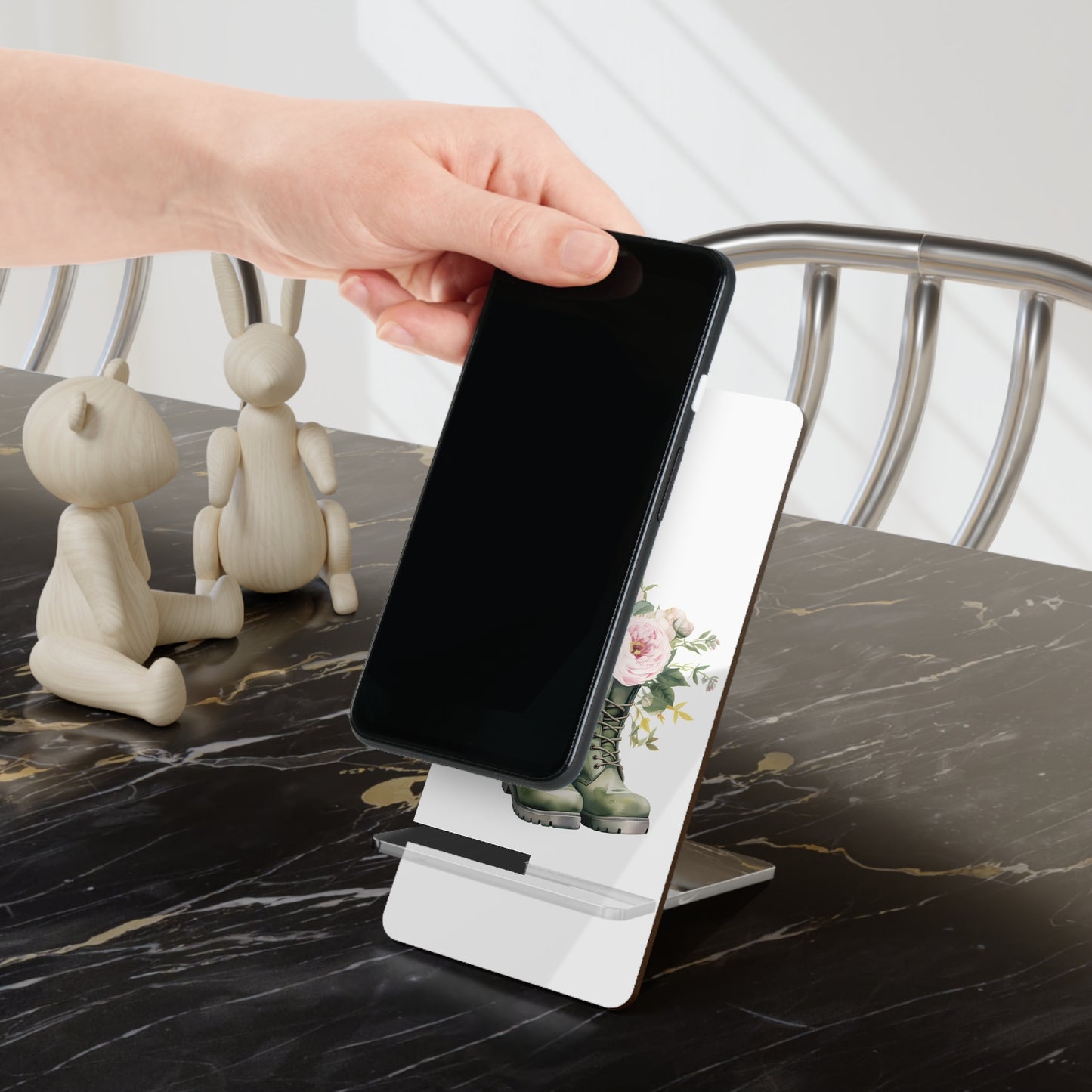 Floral Combat Boots Phone Stand — Foldable Acrylic Mobile Display