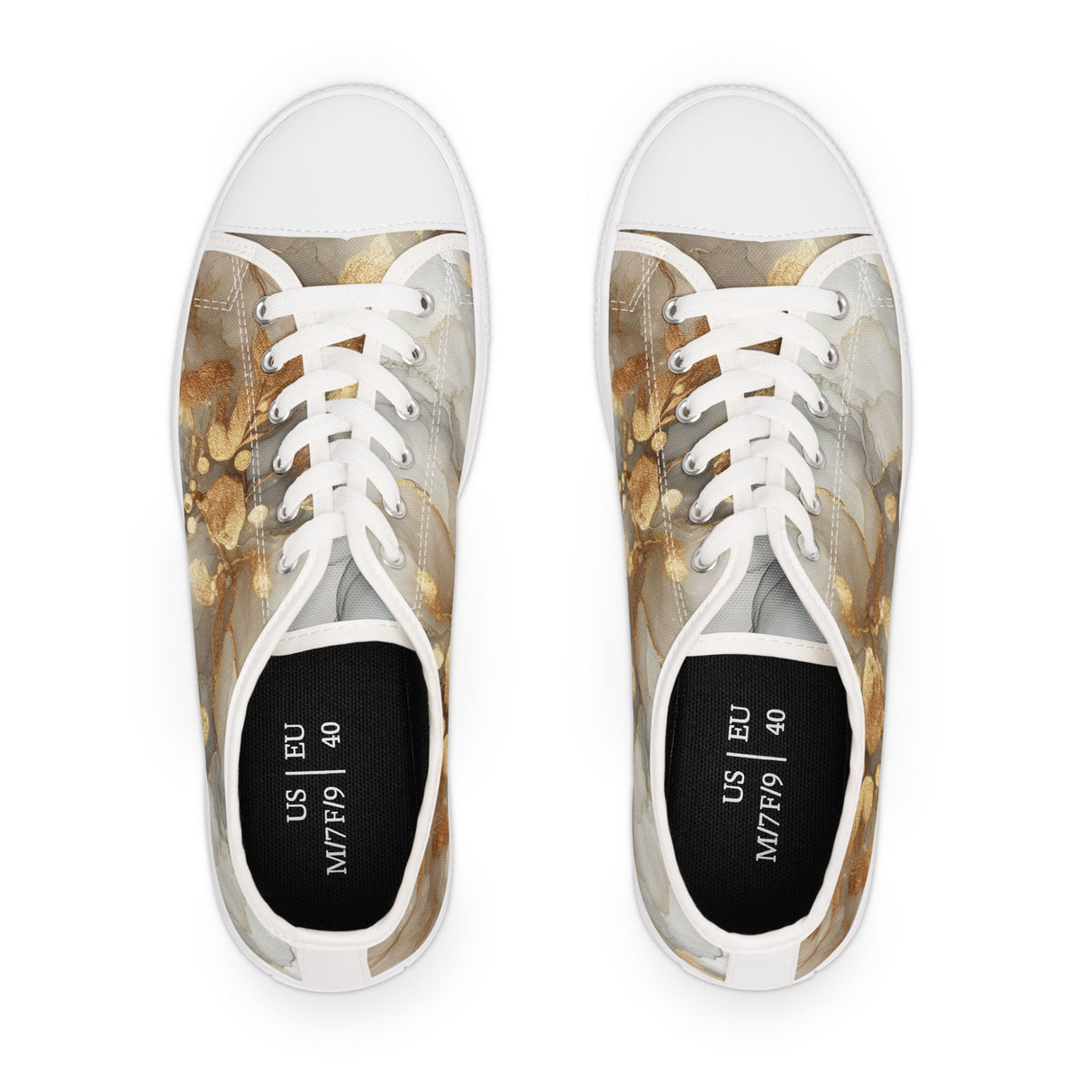 Gold Marble Women's Low Top Sneakers — Abstract Metallic Swirl Casual Shoes