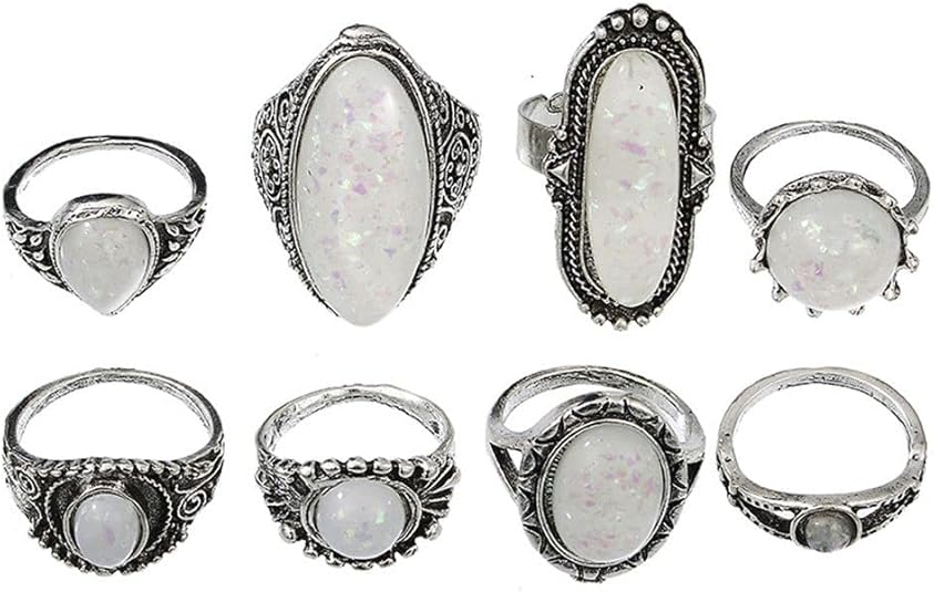 8 Pcs/set Alloy Opal Stone Carving Transparent White Vintage Bohemian Jewelry Inset Joint Ring Women Ring Sets