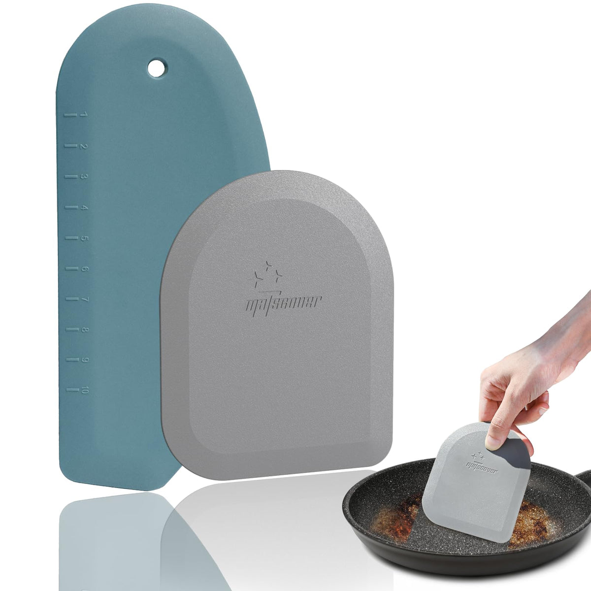 Bowl Scraper Dough Scraper Tool - Set of 2 Silicone Bench Scraper for Baking, Kitchen Pastry Scraper for Bread, Cake, Batter, cheese, Cream, Honey, Jam, Food Scraper with Curved Edge, Blue & Grey