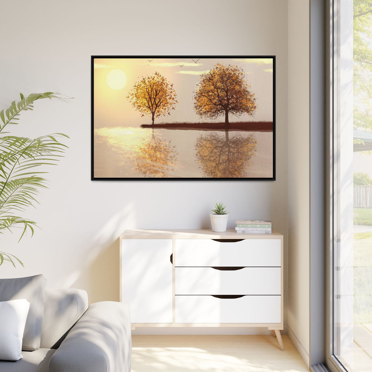 Framed Matte Canvas Wall Art — Golden Autumn Trees Reflection