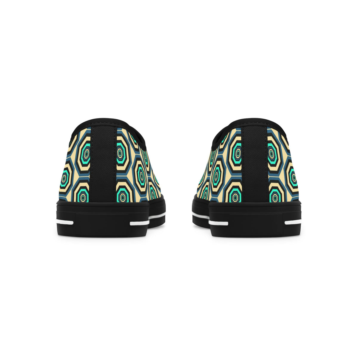 Geometric Retro Hexagon Women's Low Top Sneakers — Green Teal Patterned Canvas Shoes