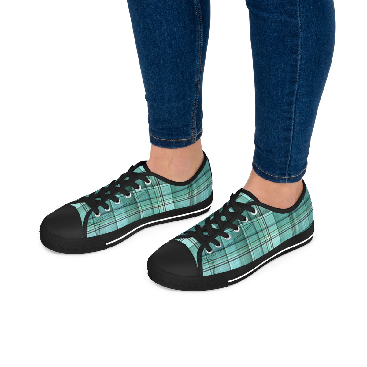 Teal Plaid Women's Low Top Sneakers — Casual Retro Style for Everyday Wear
