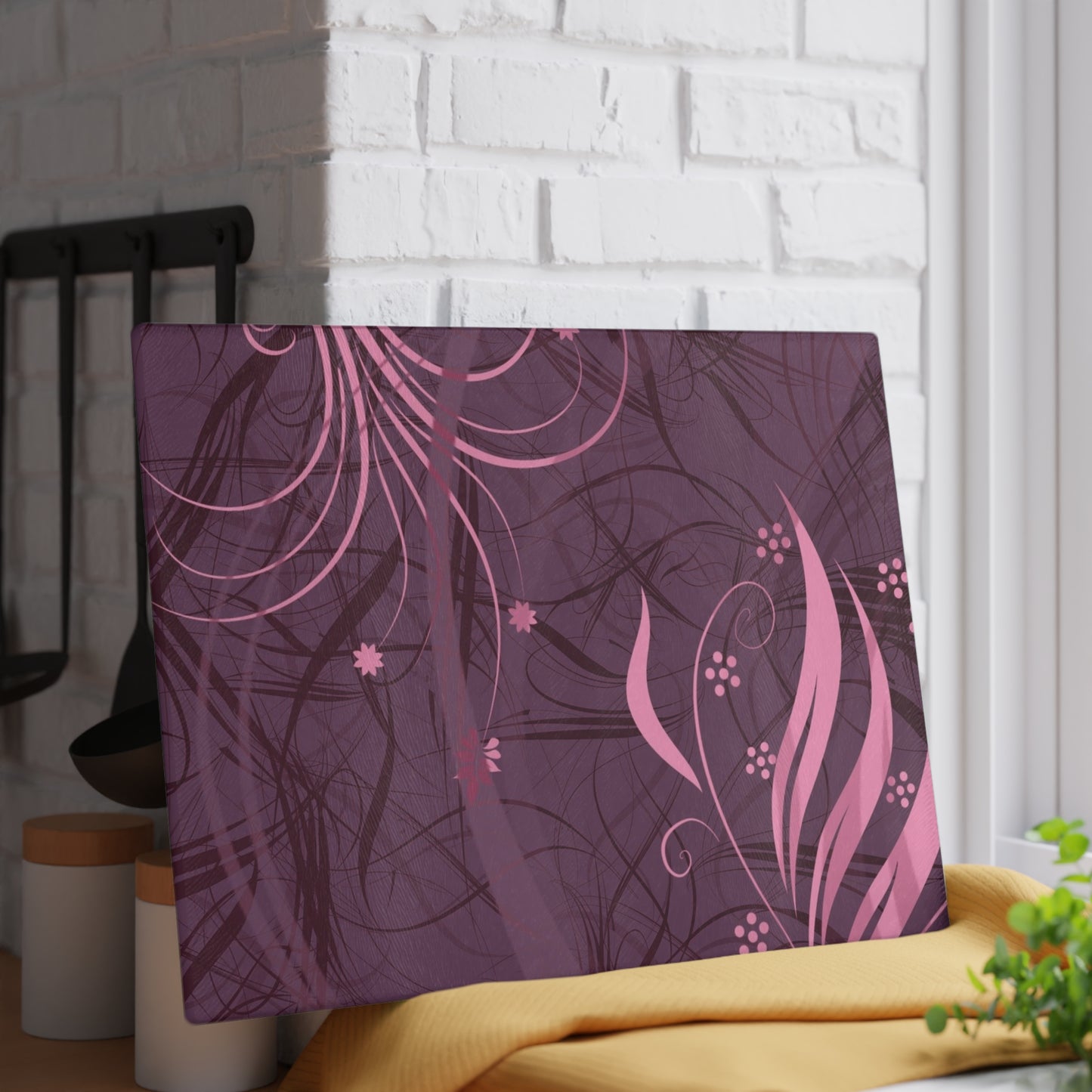 Glass Cutting Board — Pink Floral Swirl Design