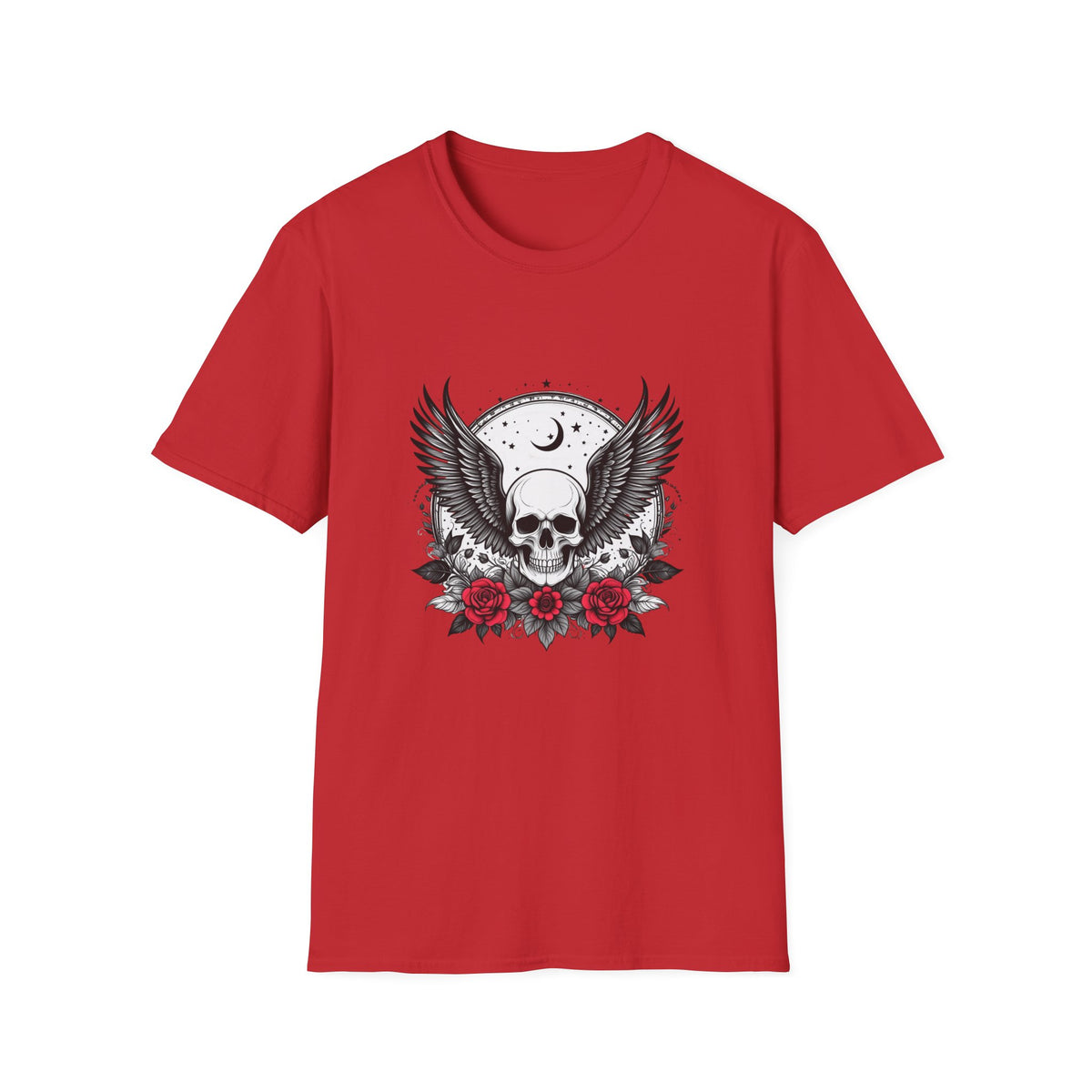 Skull Wings T‑Shirt – Crescent Moon & Red Roses Gothic Graphic Tee