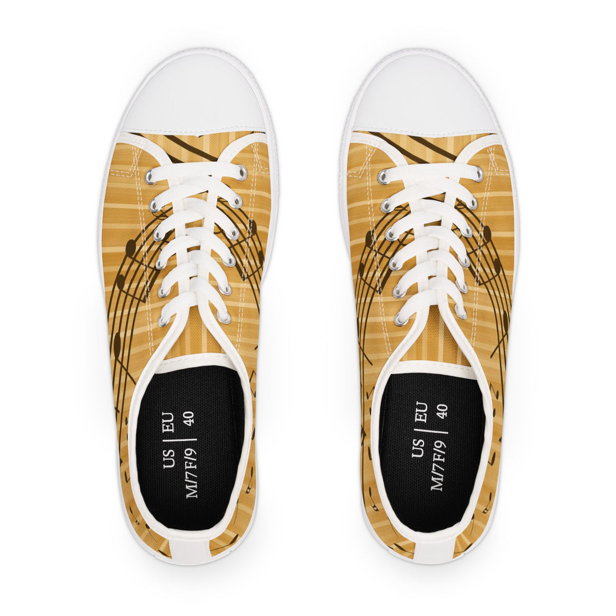 Music Notes Low Top Sneakers — Gold Staff & Notes Casual Canvas Shoes