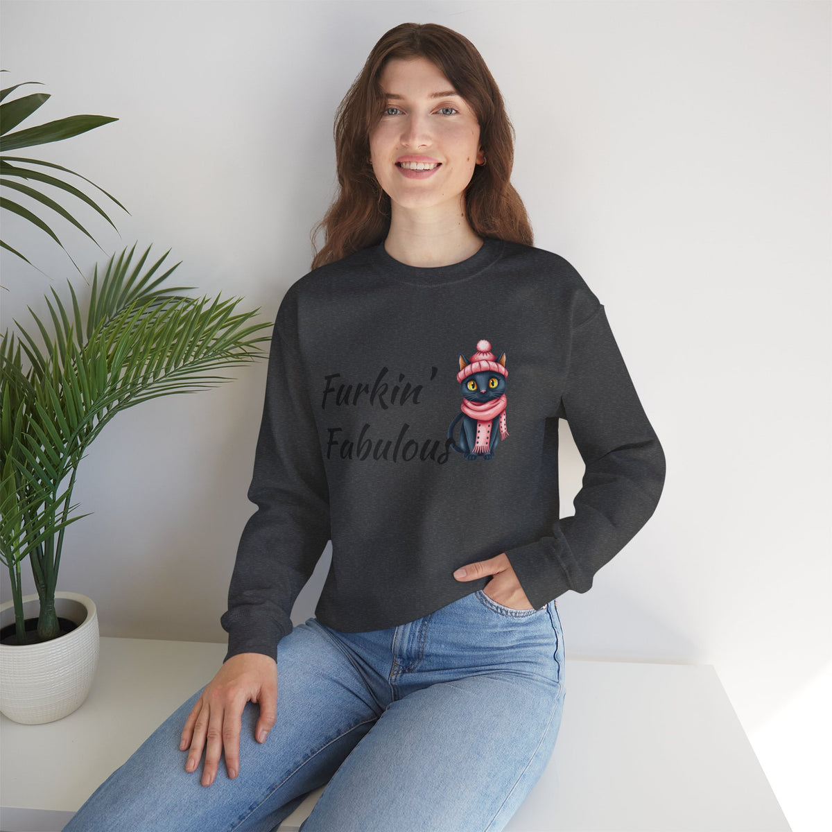 Crewneck Sweatshirt — "Furkin' Fabulous" Cute Black Cat in Pink Hat & Scarf