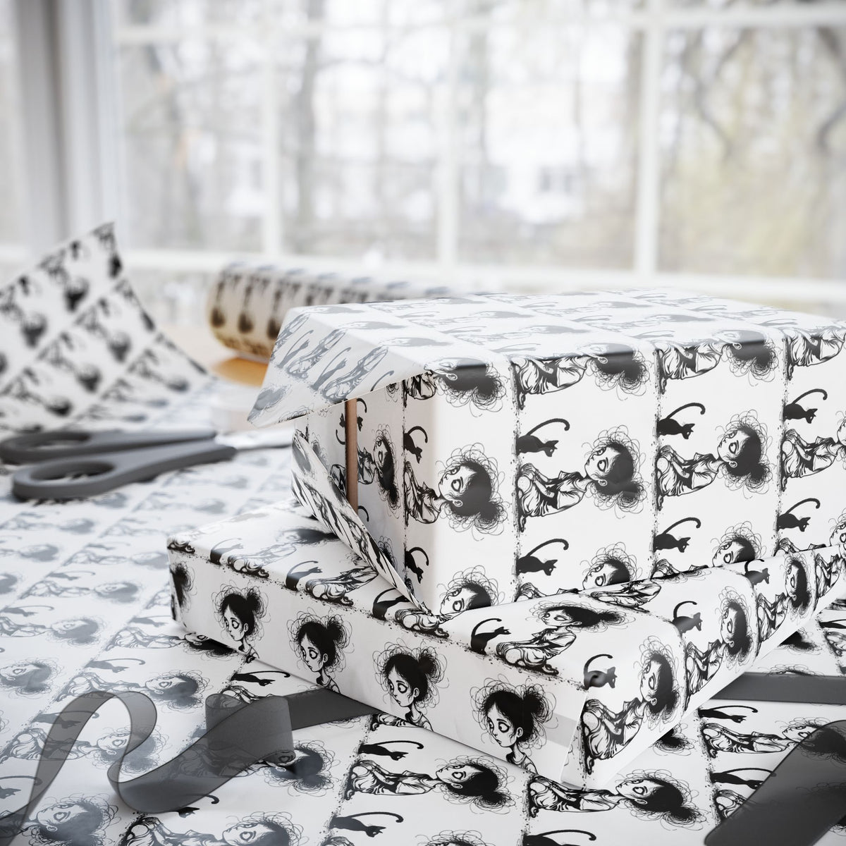 Wrapping Paper Roll — Black & White Repeating Eye Pattern