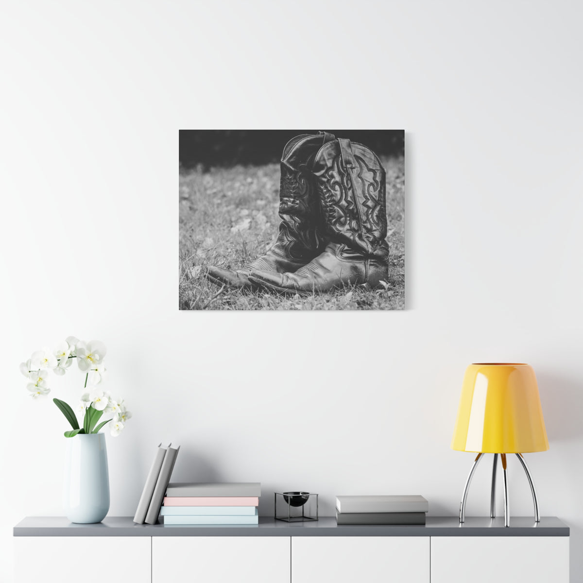 Western Cowboy Boots Matte Canvas Wall Art – Black & White Rustic Country Decor