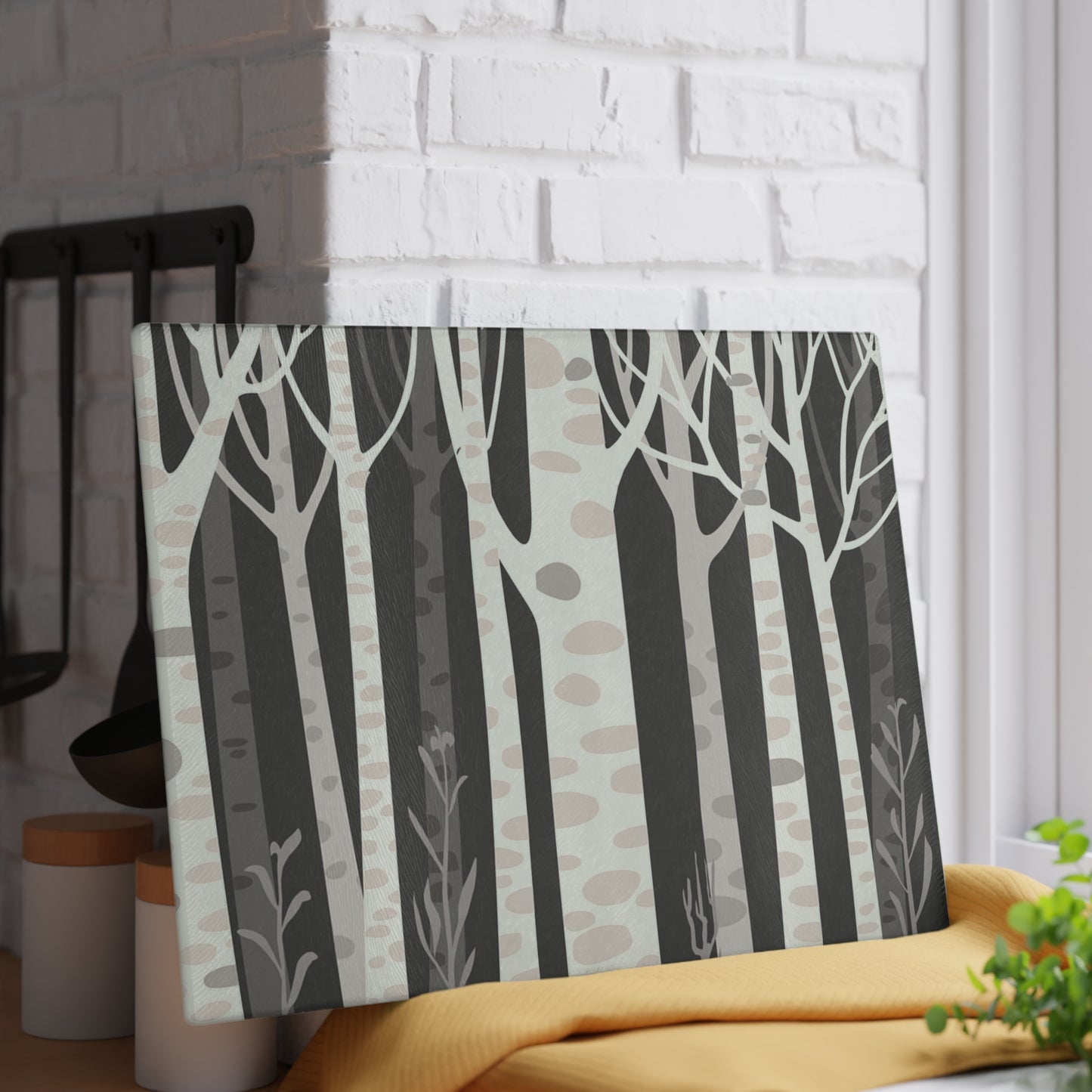 Birch Forest Glass Cutting Board – Monochrome Woodland Kitchen Decor