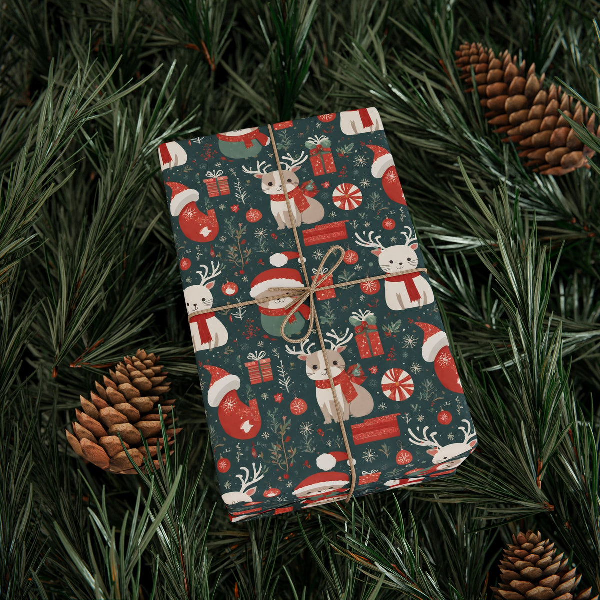 Christmas Wrapping Paper Roll — Cute Santa & Reindeer Pattern, Holiday Gift Wrap