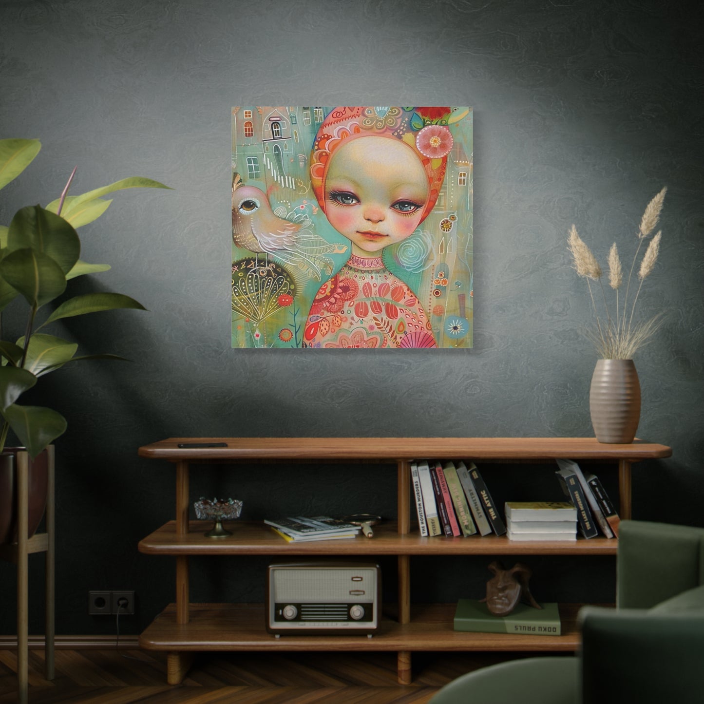 Whimsical Girl & Bird Matte Canvas Wall Art — Stretched Decorative Painting