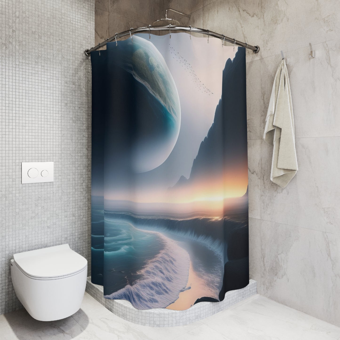 Shower Curtain — Cosmic Seascape Planet Beach Shower Curtain (Surreal Ocean Sunset)