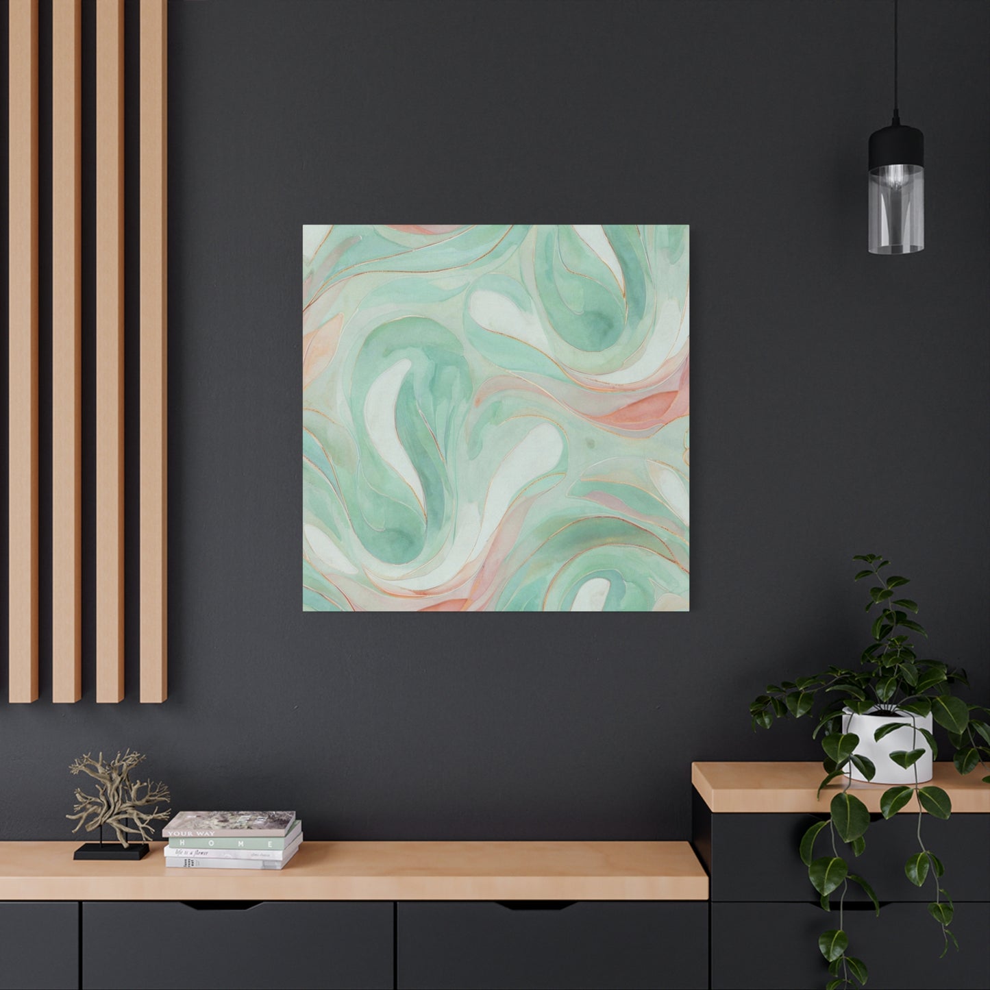 Abstract Green Marble Canvas Print — Teal & Coral Swirl Wall Art