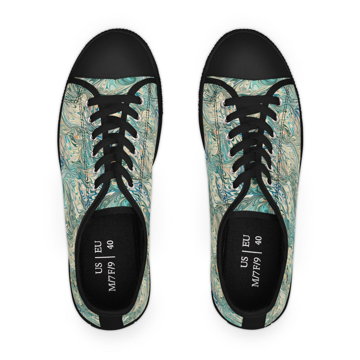 Low Top Sneakers — Teal Swirl Floral Pattern Casual Shoes