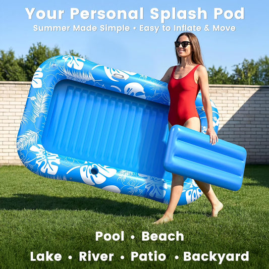 Inflatable Tanning Pool Lounger Float with Sprinkler & Canopy UPF50+, 77" x 48" Extra Large Tanning Pool Float for Adults, Sunbathing Water Lounge Bed with Pillow & Cup Holder for Backyard & Pool