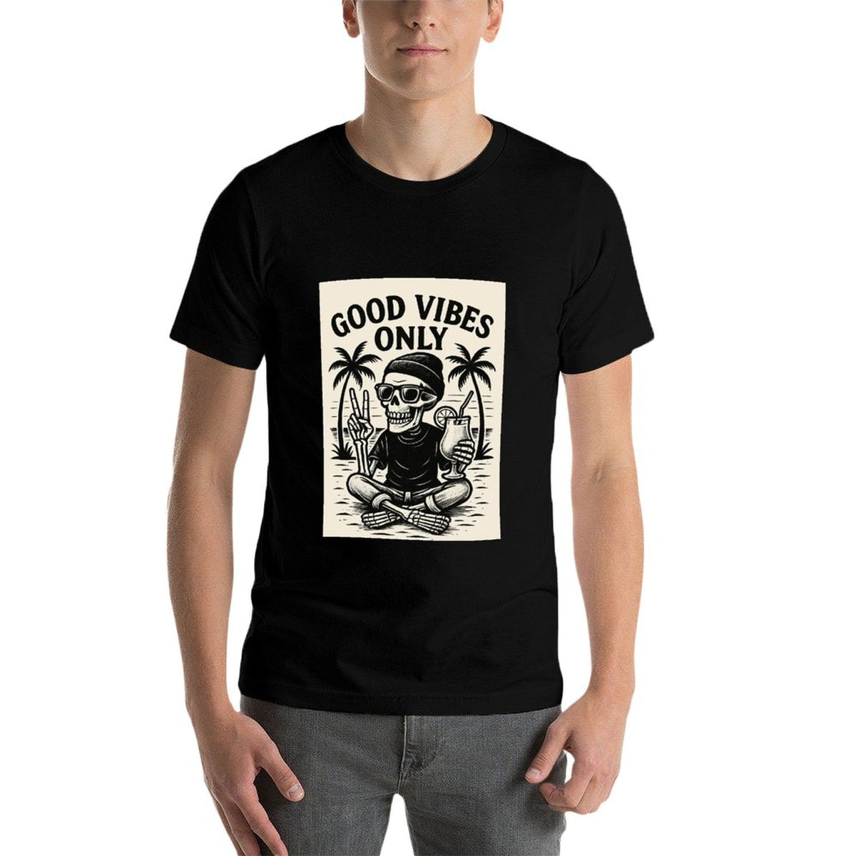 Short Sleeve Cotton Crewneck T-Shirt for Men Women (Front Printing) - Good Vibes Only
