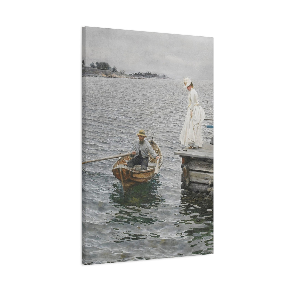 Seaside Stroll Canvas Print — Vintage Woman & Rowboat Matte Stretched Art 1.25"