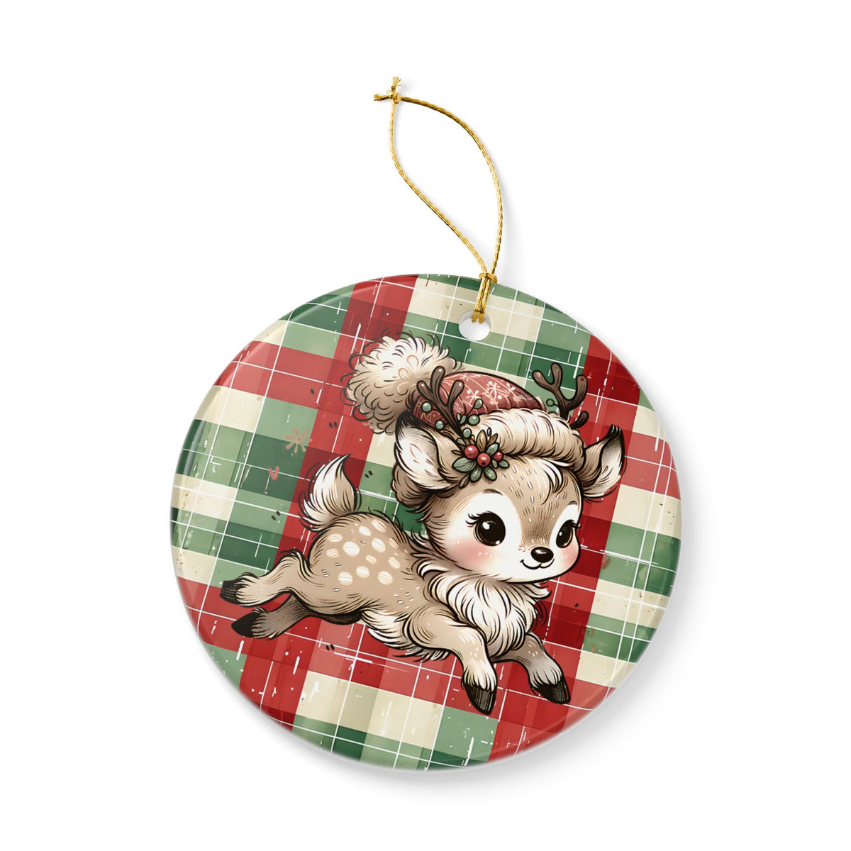 Cute Reindeer Plaid Ceramic Christmas Ornament (Double-Sided)
