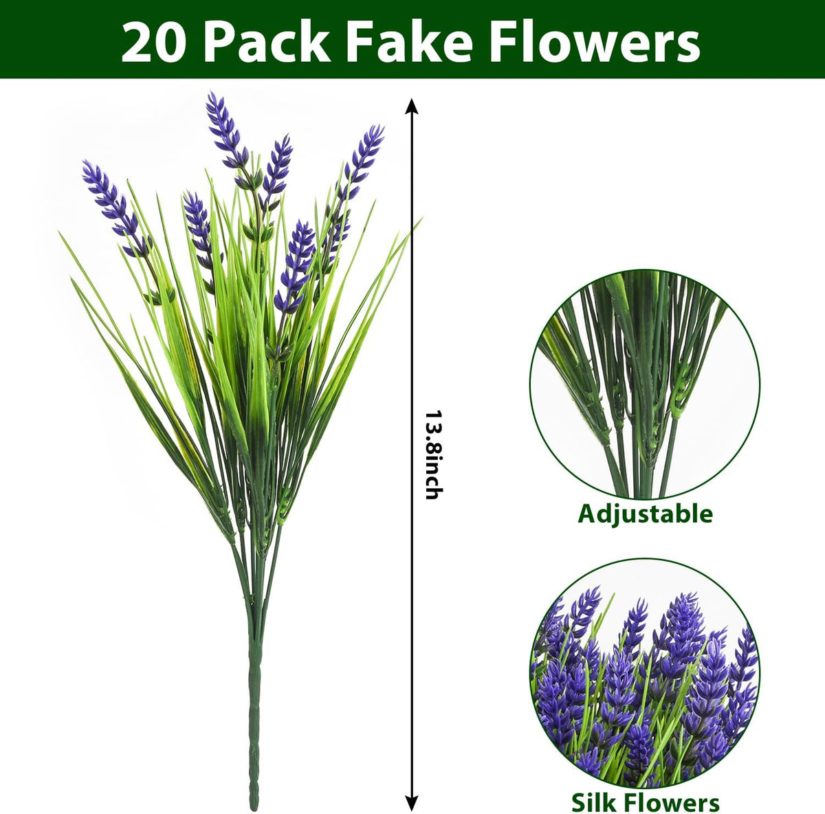 20 Bundles Artificial Plants Outdoor, UV Resistant Fake Flowers, Realistic Faux Lavender Shrubs for Porch Garden Window Box Home Decoration (Purple)
