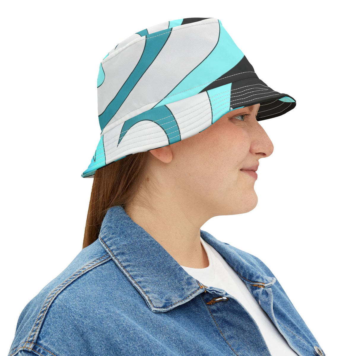 Turquoise Wave Bucket Hat — Retro Swirl Pattern Sun Hat