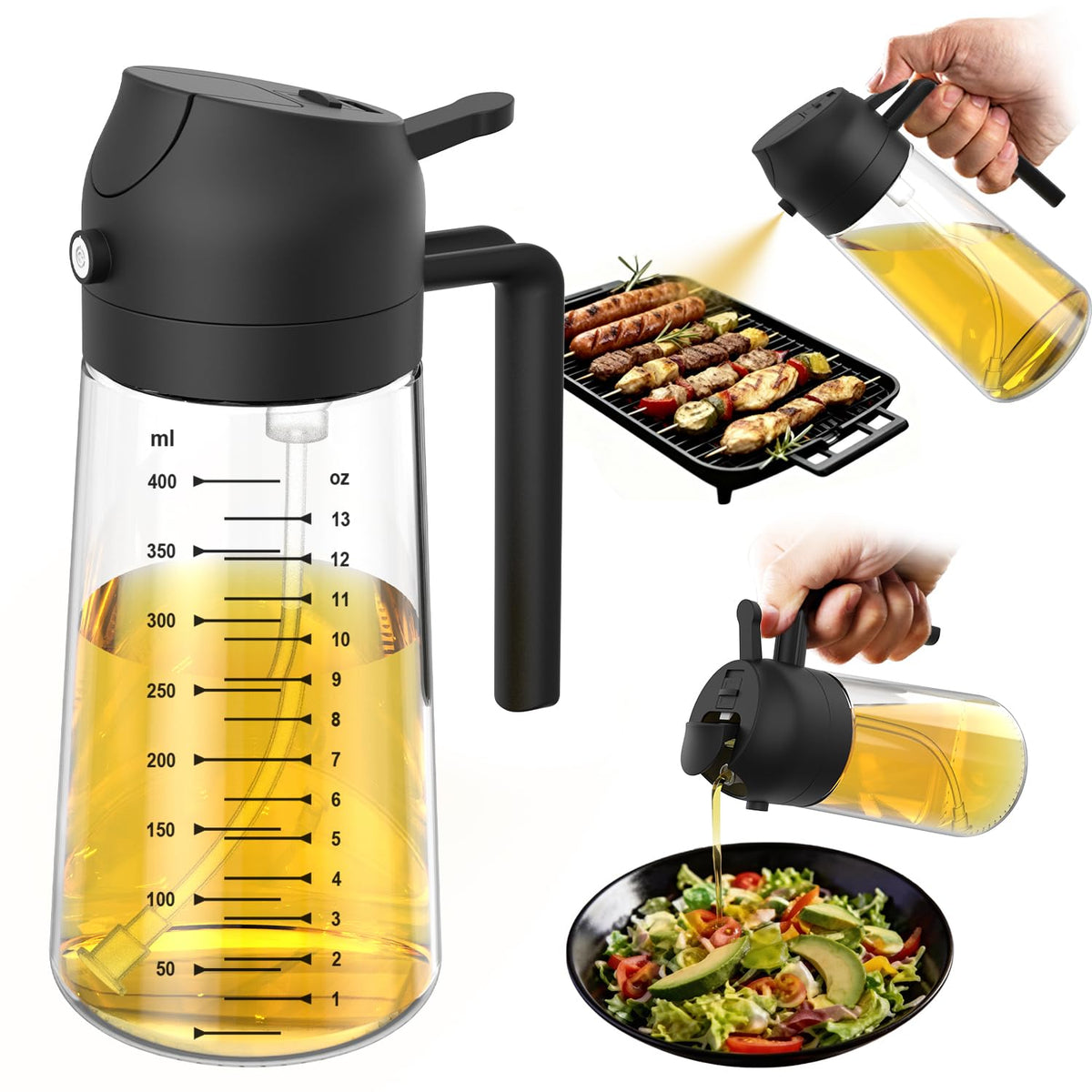 TrendPlain 16oz/470ml Glass Olive Oil Sprayer for Cooking – 2 in 1 Olive Oil Dispenser Bottle for Kitchen Gadgets and Air Fryer Accessories, Salad, BBQ - Black