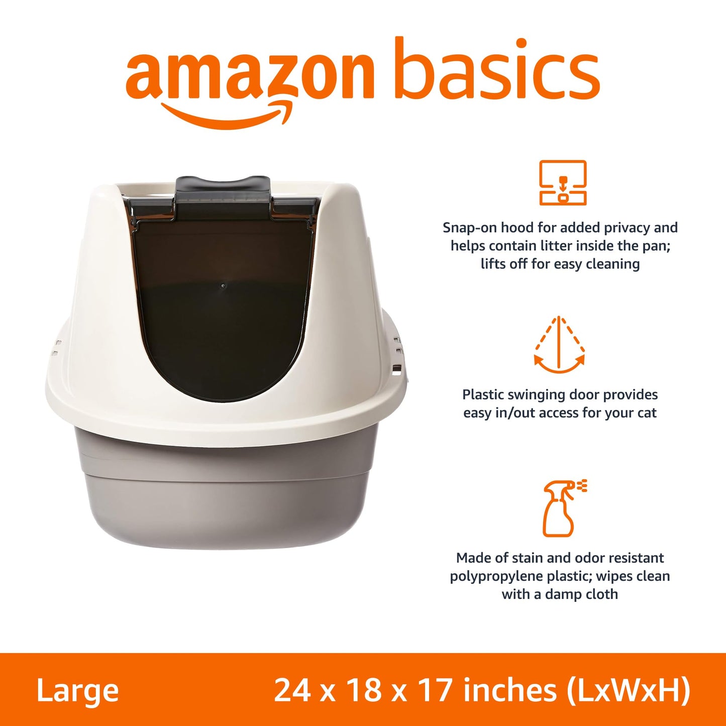 Amazon Basics No-Mess Hooded Enclosed Cat Litter Box with Odor Control and Swinging Door, Large, 24" x 18" x 17", Multicolor