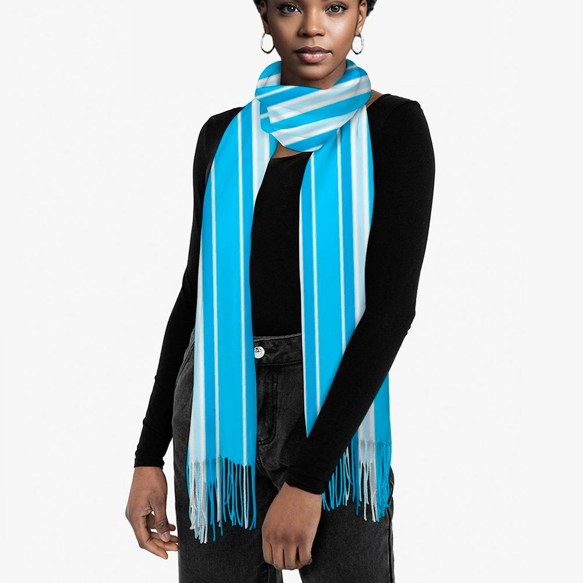 Cashmere-like Tassel Scarf Blue Stripes