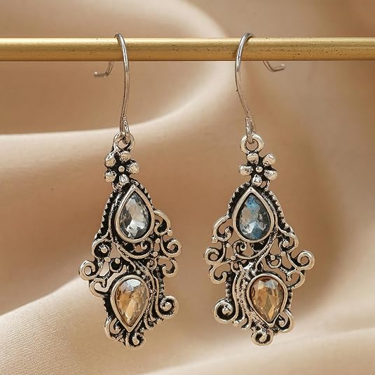 Bohemian Vintage Silver Openwork Teardrop Dangle Earrings - Women's Crystal
