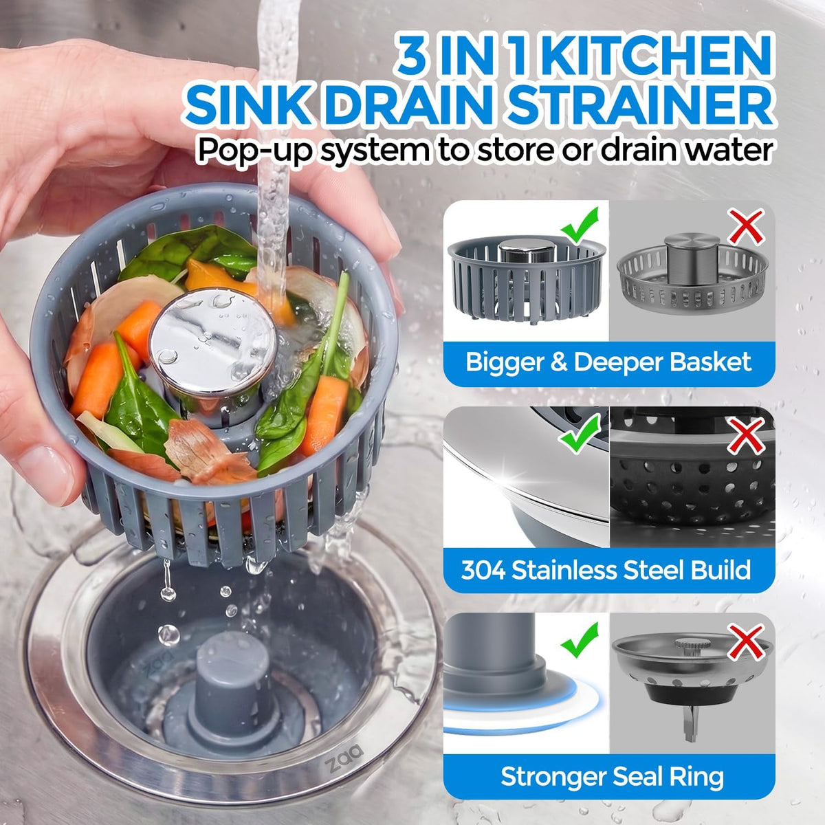 Sink Drain Strainer - Sink Stopper Kitchen Drain, 3 in 1 Kitchen Sink Drain Strainer with Anti-Clogging Basket, Kitchen Gadgets