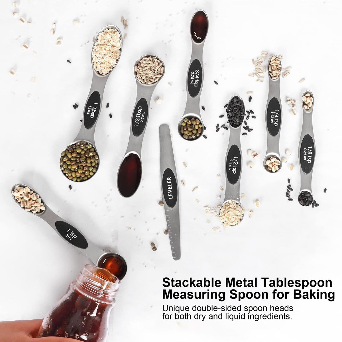 Magnetic Measuring Spoons Set Stainless Steel with Leveler, Stackable Metal Tablespoon Measure Spoon for Baking, Cups and Spoon Set Kitchen Gadgets Apartment Essentials Fits in Spice Jars