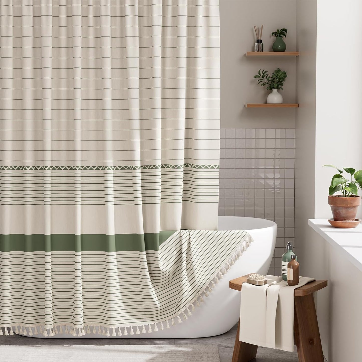 AmazerBath Boho Shower Curtain, Modern Farmhouse Shower Curtain Set with Tassels, Rustic Faux Linen Green Striped Shower Curtain with Hooks, Light Tan Toned