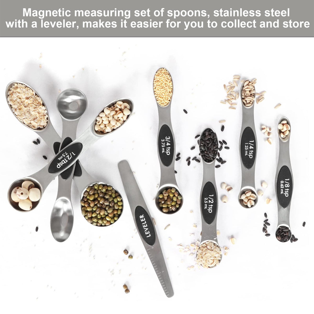 Magnetic Measuring Spoons Set Stainless Steel with Leveler, Stackable Metal Tablespoon Measure Spoon for Baking, Cups and Spoon Set Kitchen Gadgets Apartment Essentials Fits in Spice Jars