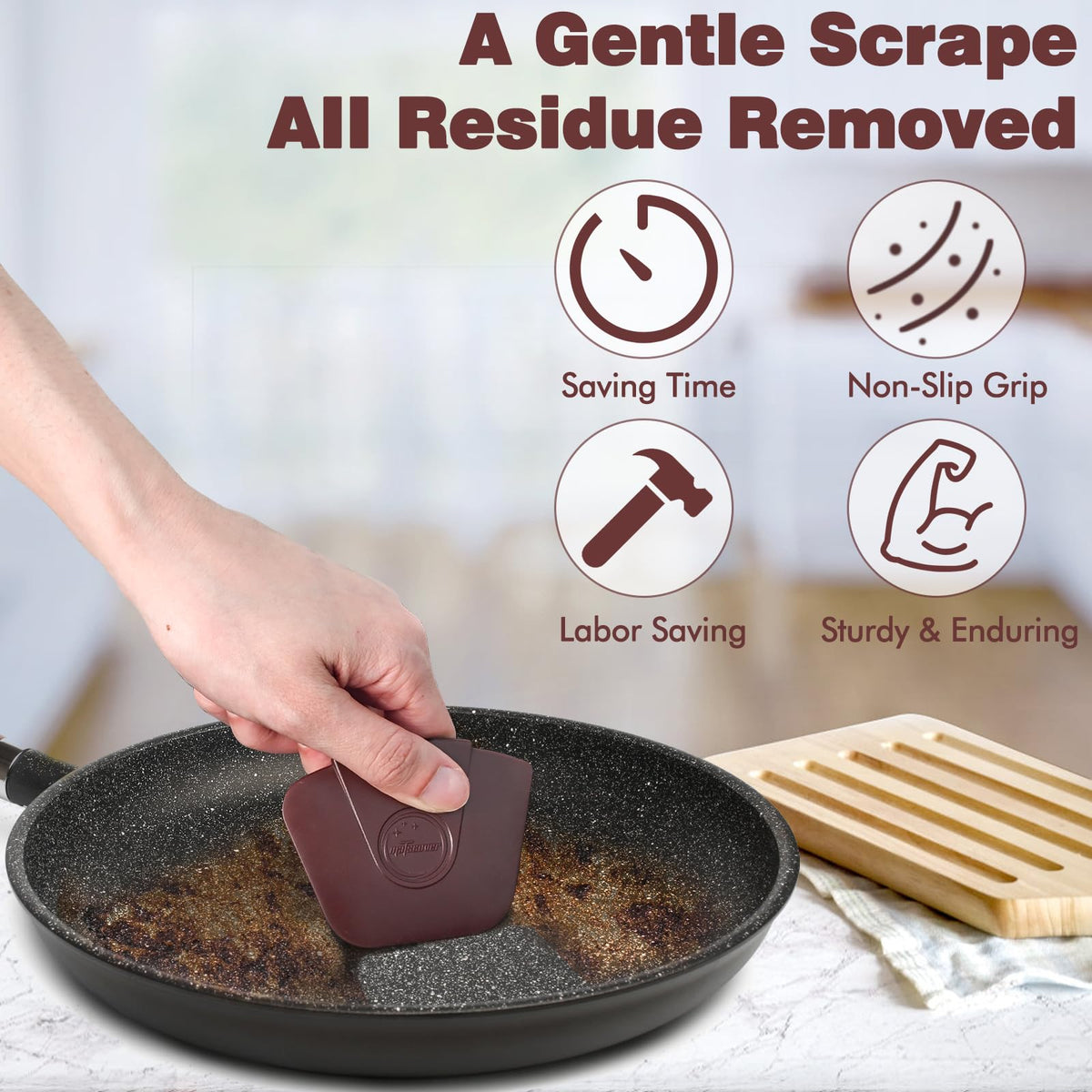 Pan Scraper Dish Scraper Tool - Pot Scraper Plastic for Cast Iron Skillet Cookware Cleaning, 3 Pcs Non Scratch Plastic Food Scraper Tool Kitchen, Heat Resistant Kitchen Scraper, Brown