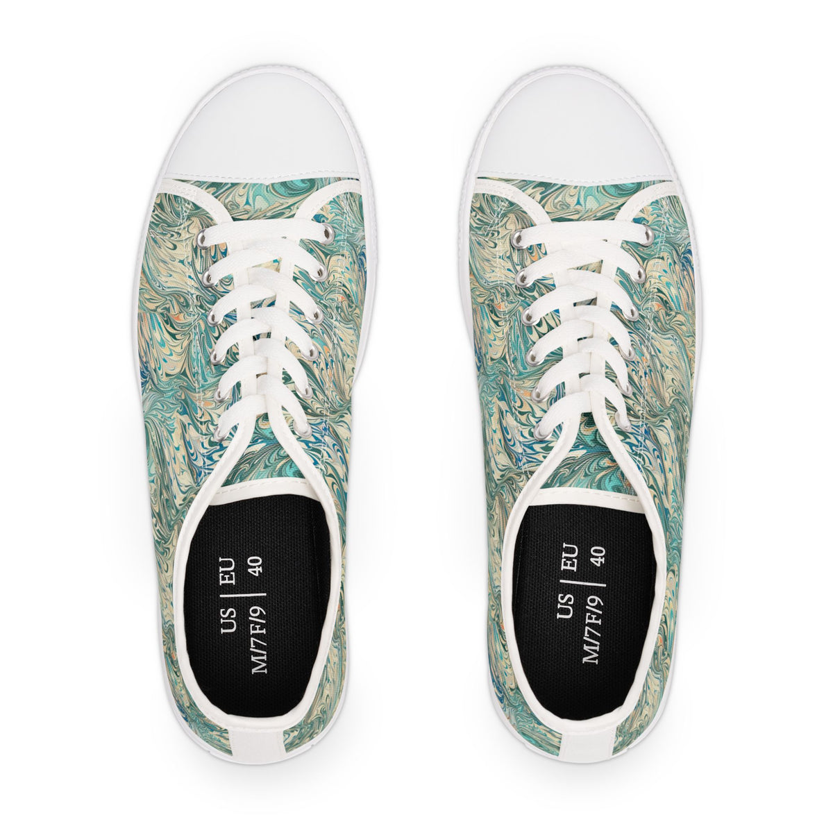 Low Top Sneakers — Teal Swirl Floral Pattern Casual Shoes