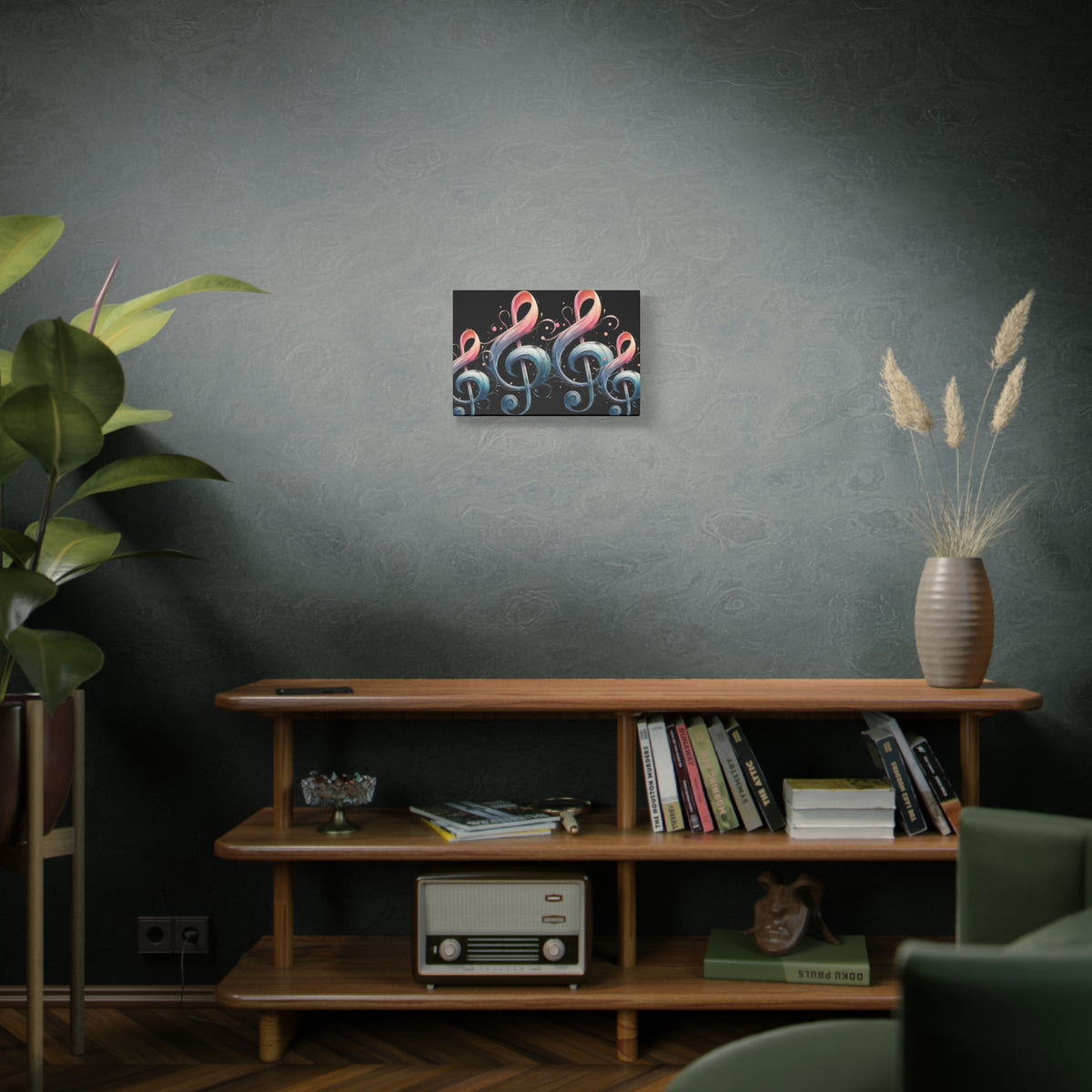 Musical Treble Clef Canvas Wall Art — Pastel Ribbon Notes on Black