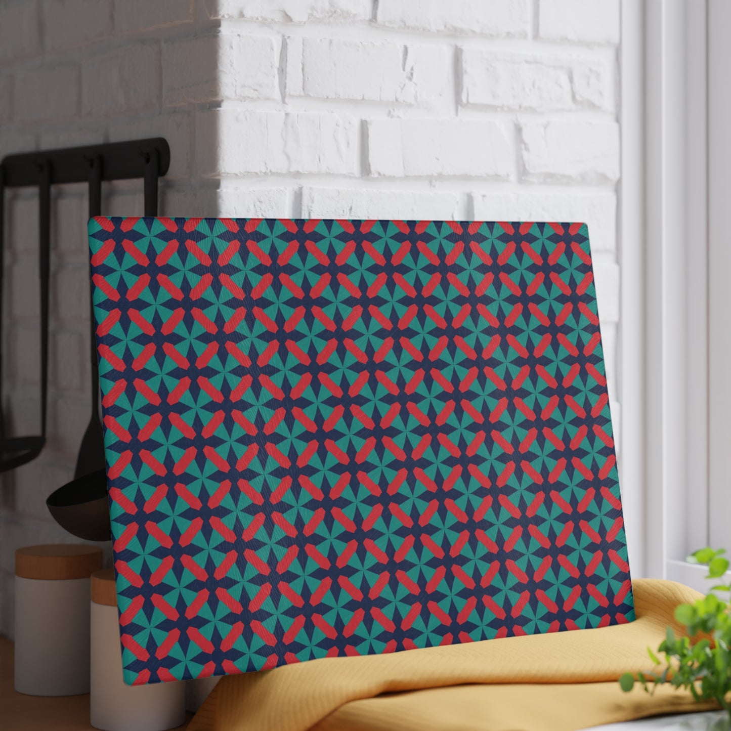Geometric Star Tile Glass Cutting Board — Red & Teal Kitchen Decor