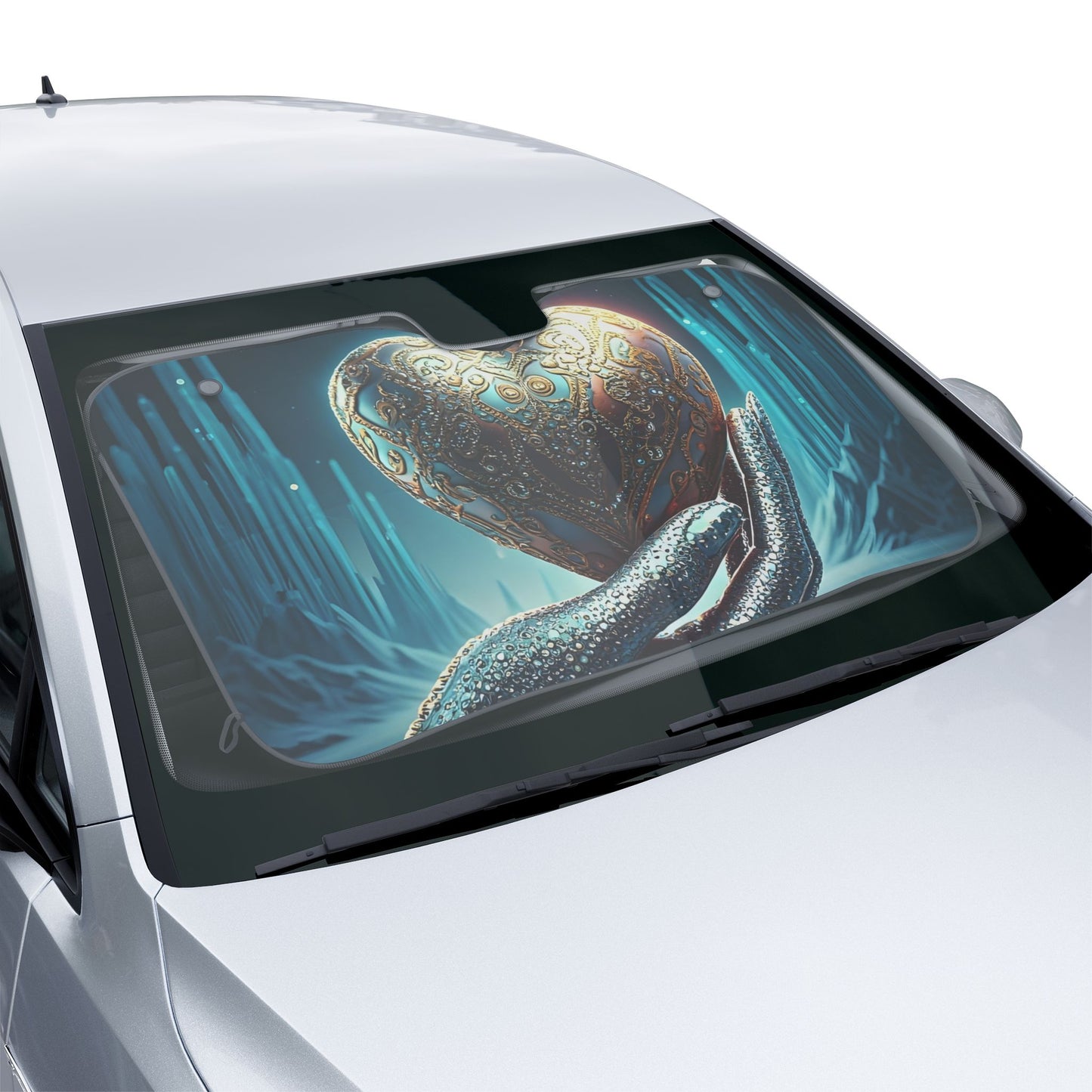 Heart Treasure Car Sun Shade — Decorative Windshield Sunshade with Ornate Heart Design
