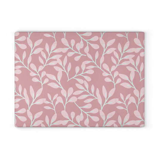 Pink Floral Glass Cutting Board – Pastel Leaf Pattern Kitchen Decor