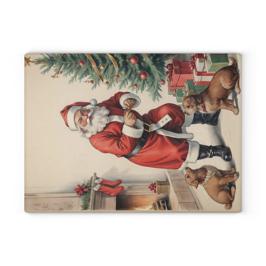 Santa Claus Vintage Glass Cutting Board, Holiday Kitchen Decor, Christmas Gift, Festive Cooking, Decorative Cutting Board