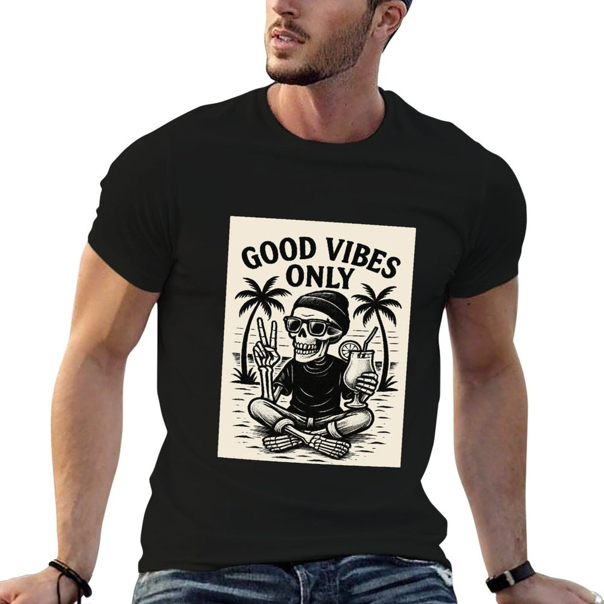 Short Sleeve Cotton Crewneck T-Shirt for Men Women (Front Printing) - Good Vibes Only