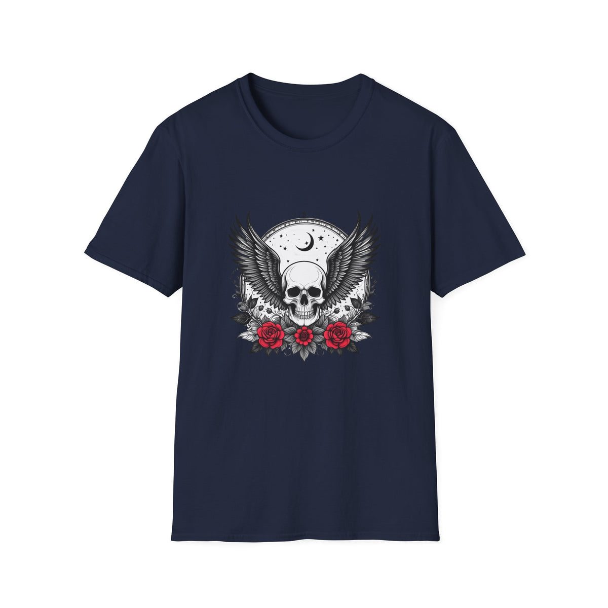 Skull Wings T‑Shirt – Crescent Moon & Red Roses Gothic Graphic Tee