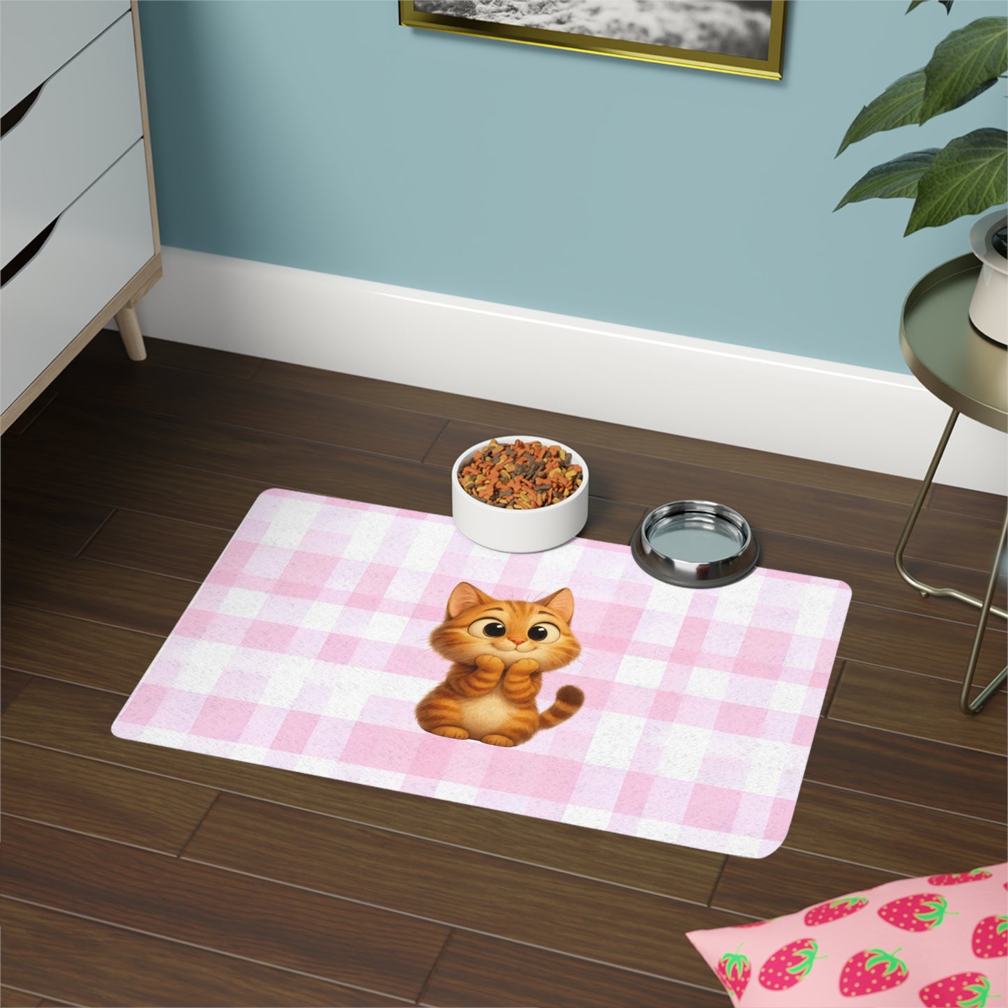 Cute Ginger Kitten Pet Food Mat (12x18) — Pink Gingham Cat Feeding Mat
